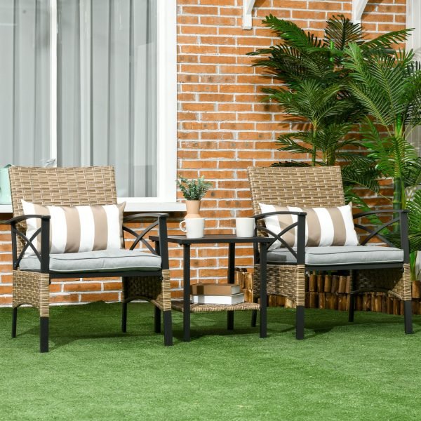 Conjunto de Poltronas e Mesa de Centro de Vime 3 Peças com Almofadas Acolchoadas e Estrutura de Aço