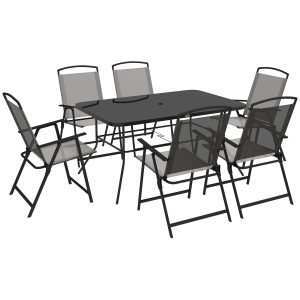 Conjunto de Refeição 7 Peças Jardim com 6 Cadeiras Dobráveis e Mesa Orifício para Chapéu Sol Terraço Exterior Cinza