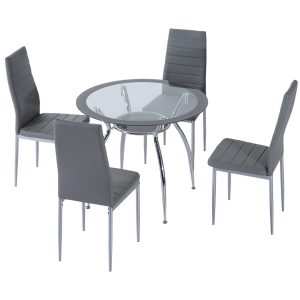 Conjunto de Refeição Mesa e 4 Cadeiras 5 Peças Redonda Vidro Temperado Ø90x75 cm 42x52x96 com Pés Aço Carga Máxima 120 kg Cinza