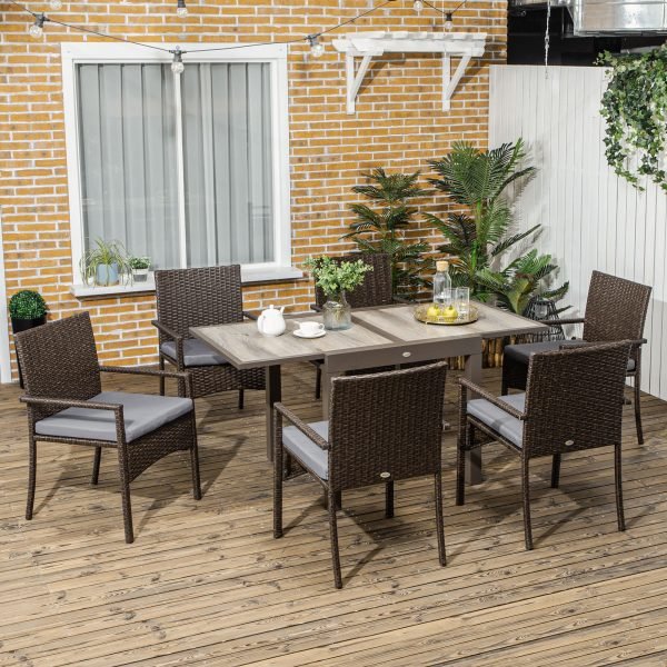 Conjunto de Refeição com Mesa Extensível 6 Cadeiras com Assentos Acolchoados e Estrutura de Alumínio para Varanda Pátio Marrom