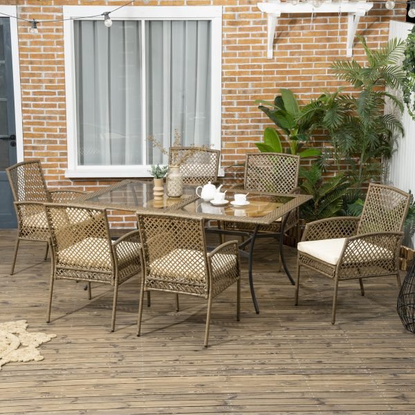 Conjunto de Refeição de Exterior Incluí 6 Cadeiras com Almofadas e Mesa Grande com Bancada de Vidro Temperado