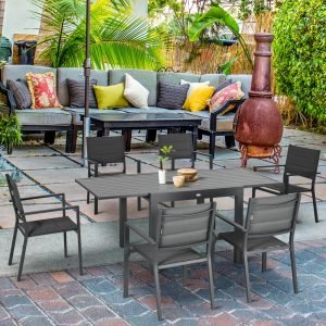 Conjunto de Refeição de Exterior com Mesa Extensível e 6 Cadeiras Empilháveis com Estrutura de Alumínio e Assento de Textilene 90-180x89x74cm Cinza