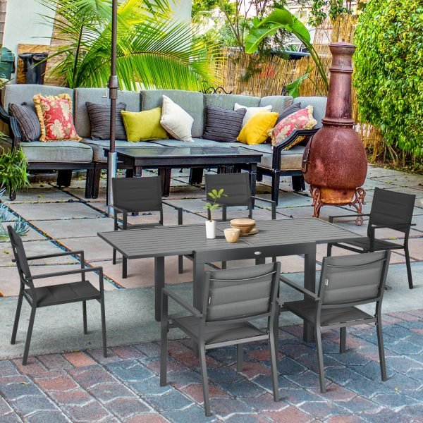 Conjunto de Refeição de Exterior com Mesa Extensível e 6 Cadeiras Empilháveis com Estrutura de Alumínio e Assento de Textilene 90-180x89x74cm Cinza