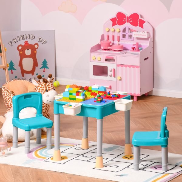 Conjunto de mesa e 2 cadeiras para crianças com 135 blocos de construção Mesa Útil para desenhar e jantar com grande espaço de armazenamento 69x69x47 cm Multicolor
