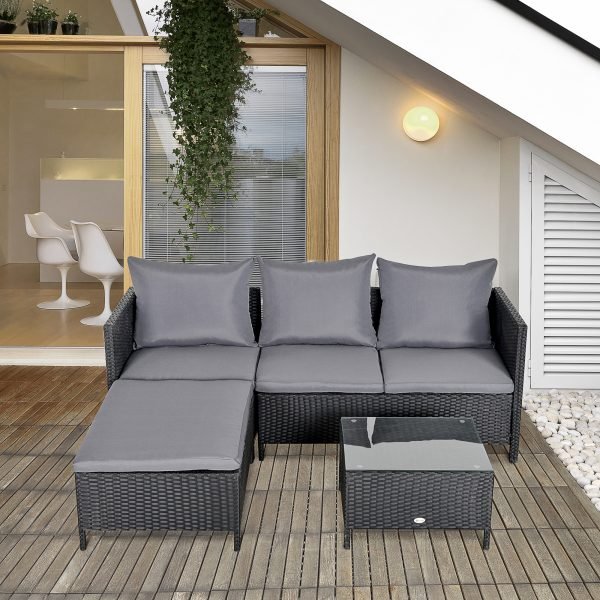 Conjunto exterior de jardim com 4 peças (sofá duplo de vime, mesa de centro e banquinho com almofadas acolchoadas) Estrutura de metal, Cor preto - Image 1