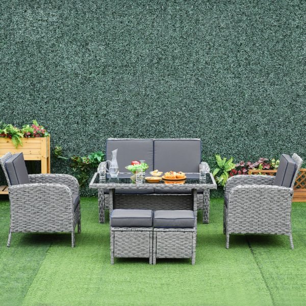 Conjunto de móveis de jardim 6 peças de vime com mesa de centro Sofá duplo 2 poltronas individuais 2 bancos com almofadas para varanda Cinza