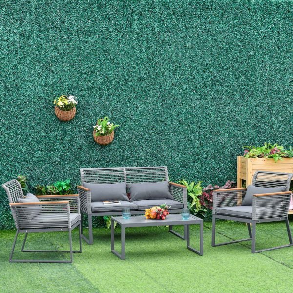 Conjunto de móveis para jardim de 4 peças em vime (1 mesa de centro, 1 sofá duplo e 2 cadeiras com almofadas acolchoadas), Cor Cinza - Image 1
