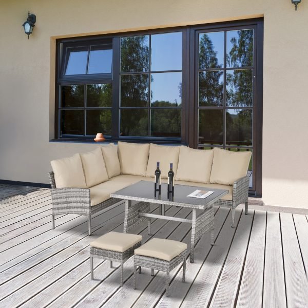 Conjunto de móveis de jardim de 6 peças de vime Conjunto de sofá de 2 lugares Banco e mesa de jantar com almofadas acolchoadas Varanda cinza e Cáqui