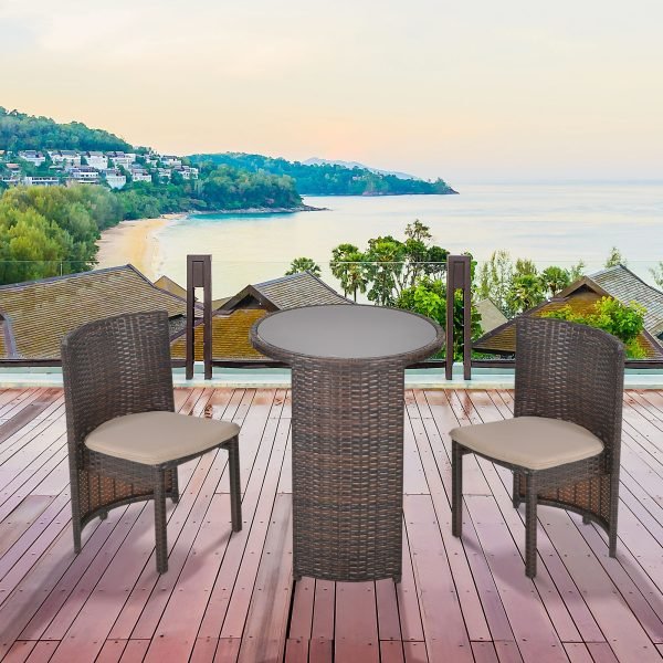 Conjunto Exterior para Jardim de Mobiliário com 3 peças, 1 mesa de centro e 2 cadeiras com almofadas, Cor Castanho - Image 1
