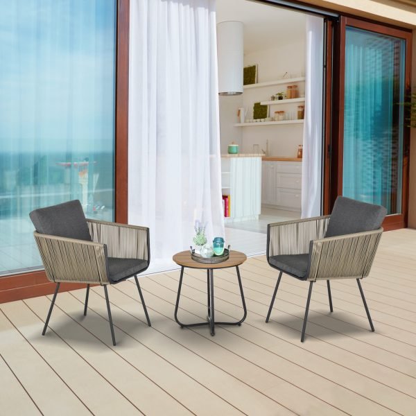 Conjunto de exterior para jardim, móveis de vime 1 mesa redonda e 2 cadeiras com almofadas acolchoadas, Estrutura em Aço, Cor cáqui e cinza - Image 1