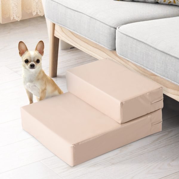 Escada para Animais de Estimação de 2 Degraus 2 em 1 Cama para Cães Gatos Estofada em PU Removível e Lavável com Zíper 45x39x20cm Bege