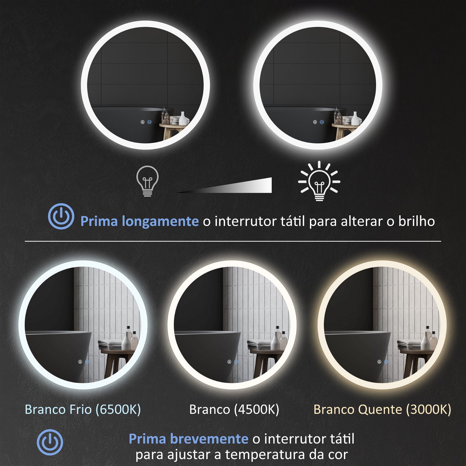 Espelho Casa de Banho com Luz LED Espelho de Parede com Iluminação 70x50cm  Interruptor Tátil 3 Luzes Ajustáveis Função Anti-Embaciamento