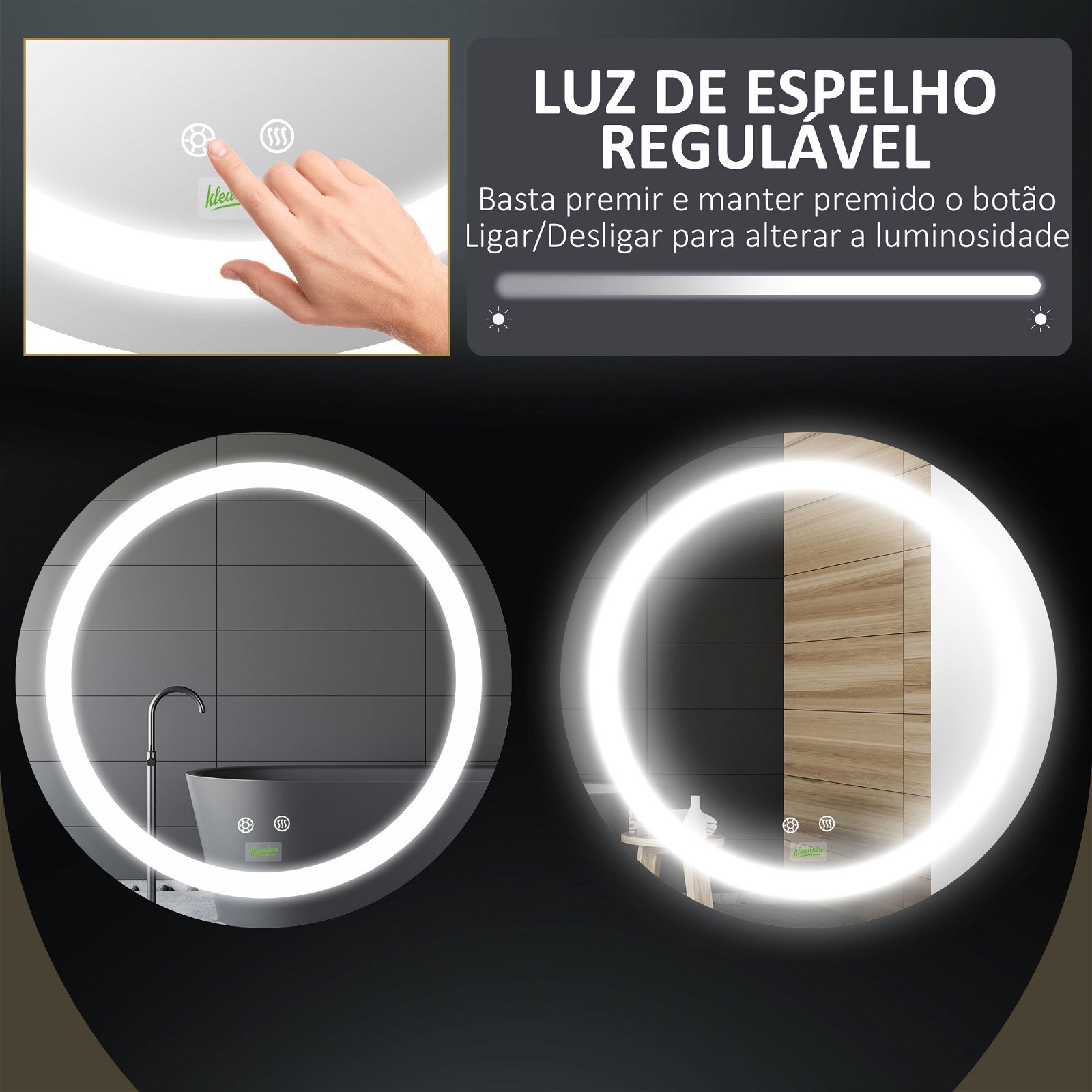 Espelho Casa de Banho com Luz LED Espelho de Parede com Iluminação 70x50cm  Interruptor Tátil 3 Luzes Ajustáveis Função Anti-Embaciamento