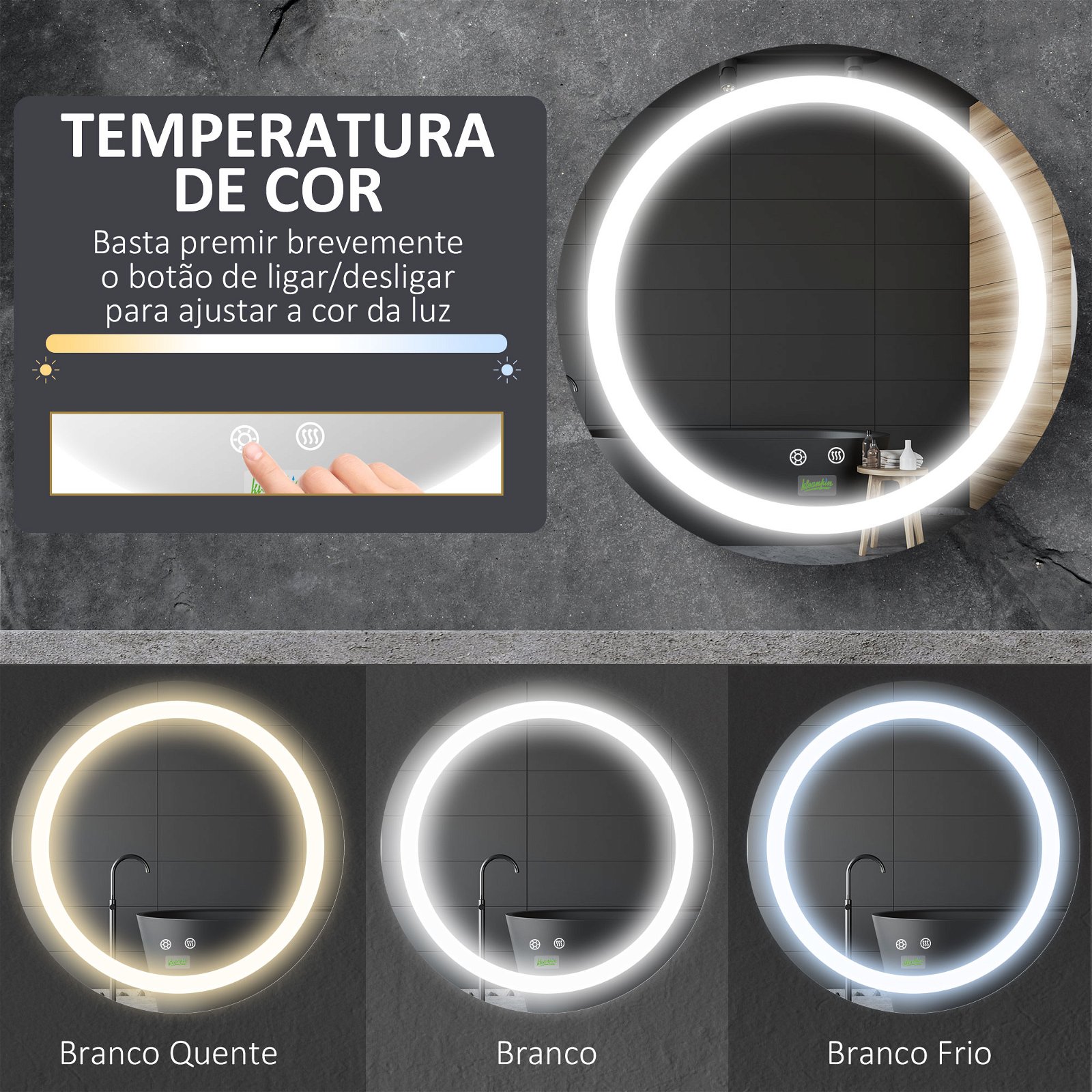Espelho de maquilhagem LED de 30 cm com luz 3 cores ajustáveis, função de  memória e ecrã tátil Espelho redondo para casa de banho e WC Branco 