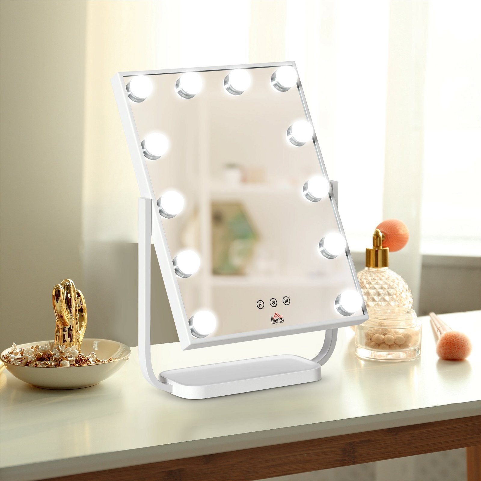 Espelho de Maquilhagem com 12 Luzes LED, 3 Temperaturas de Cores, Ecrã  Tátil Ajustável e Função de Memória 32,8x11x47,4cm Branco | O Meu Jardim