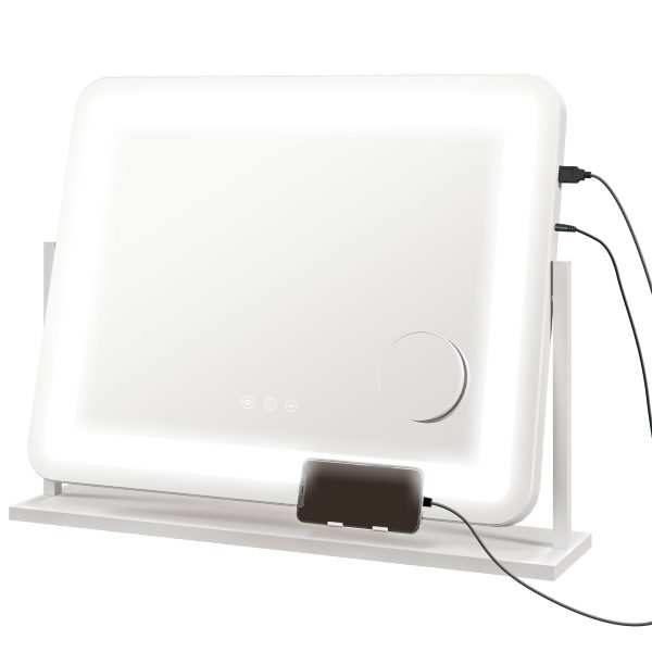 Espelho de Maquilhagem com Luzes Toucador Giratório 58x46 cm 3 Modos Iluminação Interruptor Tátil Suporte para Telemóvel e Entrada USB Branco