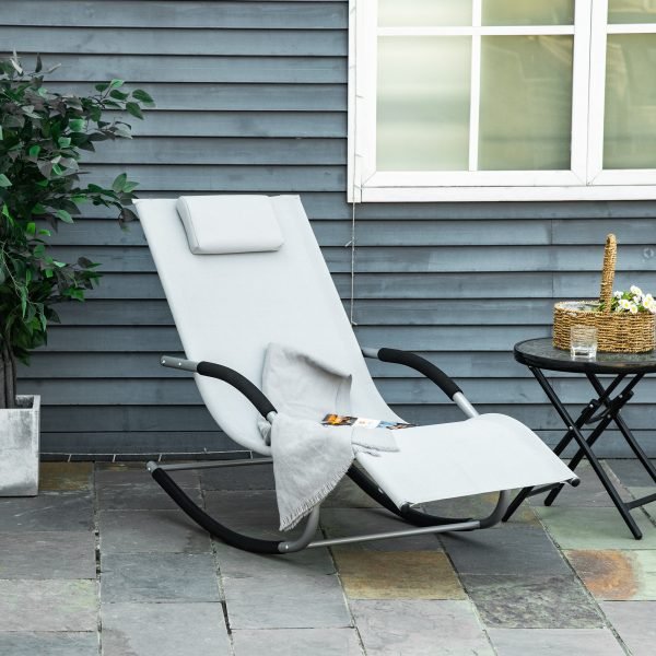 Espreguiçadeira Baloiço de Jardim com Apoio para os Braços Almofada para a Cabeça Espreguiçadeira de Exterior Tecido Transpirável e Metal para Praia Pátio Terraço 63x148x85cm Cinza