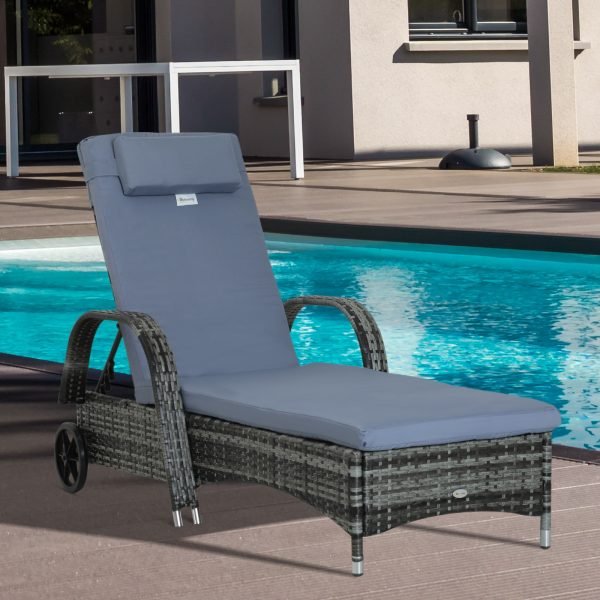Espreguiçadeira de Vime Jardim Espreguiçadeira com Encosto Ajustável em 5 Posições Almofadas Acolchoadas Apoio para a Cabeça e 2 Rodas 200x73x56-103cm Cinza