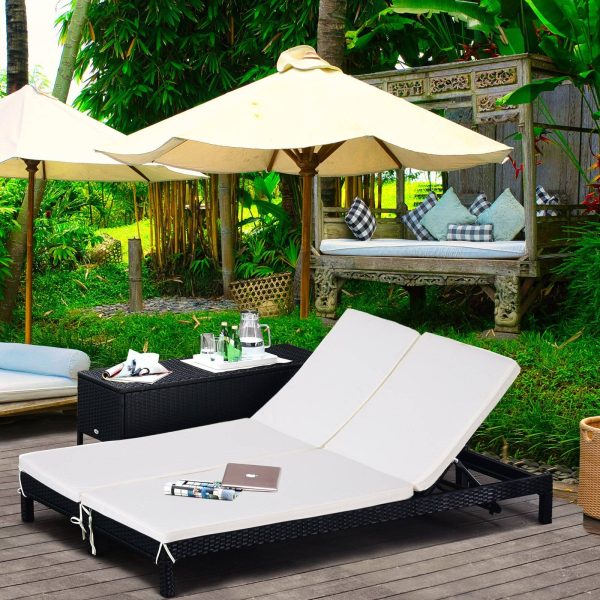 Espreguiçadeira de vime com 2 lugares e almofadas acolchoadas para jardim Conjunto de espreguiçadeiras ao ar livre 195x120x28 cm Preto e branco creme 195x120x28cm