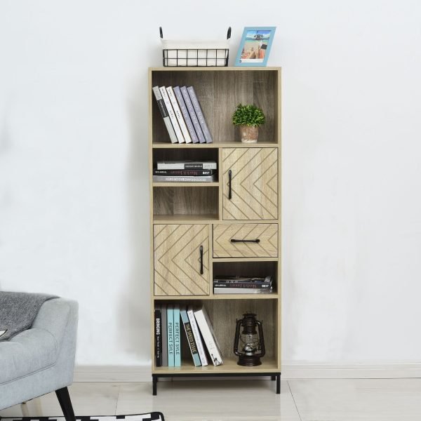 Estante com 5 compartimentos Gaveta 2 Armários com portas e Dispositivo Anti-tombamento 60x30x150 cm Madeira Natural