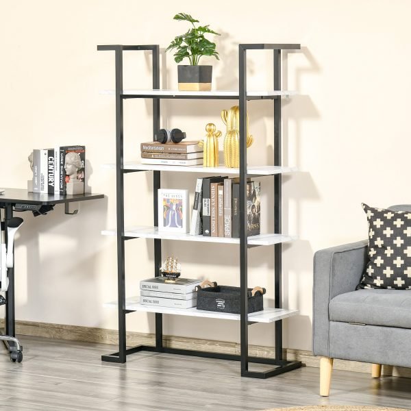Estante de 4 Níveis Estante de Livros com Armazenamento com Prateleiras com Efeito de Mármore Moderno para Sala de Estar Escritório Cozinha Dormitório 92x35x152cm Preto e Branco