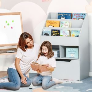 Estante de Brinquedos com 3 Compartimentos 2 Prateleiras e Gaveta Móvel com 4 Rodas 60x29