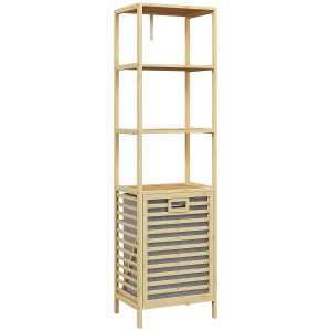 Estante de Casa Banho em Bambu Armazenamento com 3 Prateleiras e 1 Cesto para Roupa Suja Removível 44x33x160 cm Natural