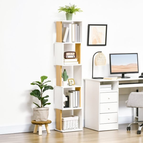 Estante de Livros em Forma de S com 5 Prateleiras Abertas para Sala de Estar Carga Máxima 100kg 33x28x161cm Branco