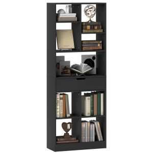 Estante para Livros com 1 Gaveta e 9 Compartimentos de Armazenamento 60x26x158 cm Preto