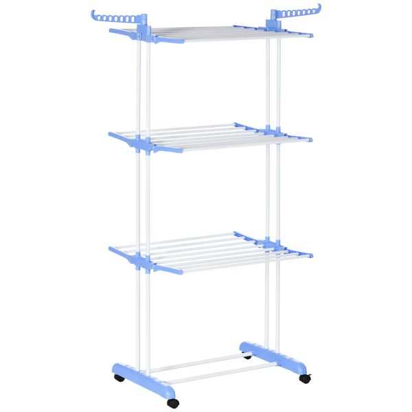 Estendal Dobrável para Roupa com Rodas Vertical de Aço com 3 Níveis Laterais Dobráveis Carga Máxima 70kg 73x64x177cm Azul e Branco