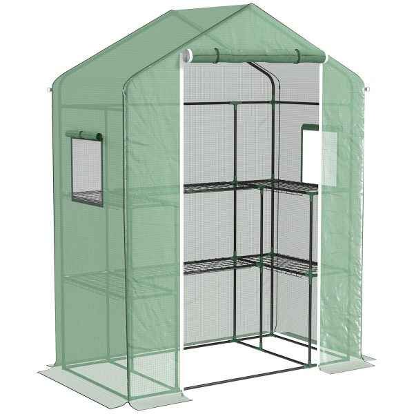 Estufa com 1 Porta 2 Janelas e Prateleiras de 2 Níveis em Forma de U 140x73x190 cm