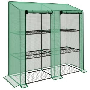 Estufa de Terraço com Prateleiras Teto Inclinado e 2 Portas com Fecho de Correr 143x46x141/151cm