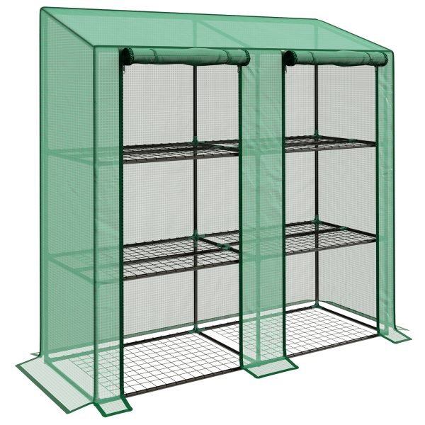 Estufa de Terraço com Prateleiras Teto Inclinado e 2 Portas com Fecho de Correr 143x46x141/151cm