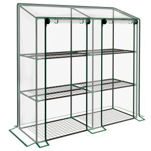 Estufa de Terraço com Prateleiras Teto Inclinado e 2 Portas com Fecho de Correr 143x46x141/151cm