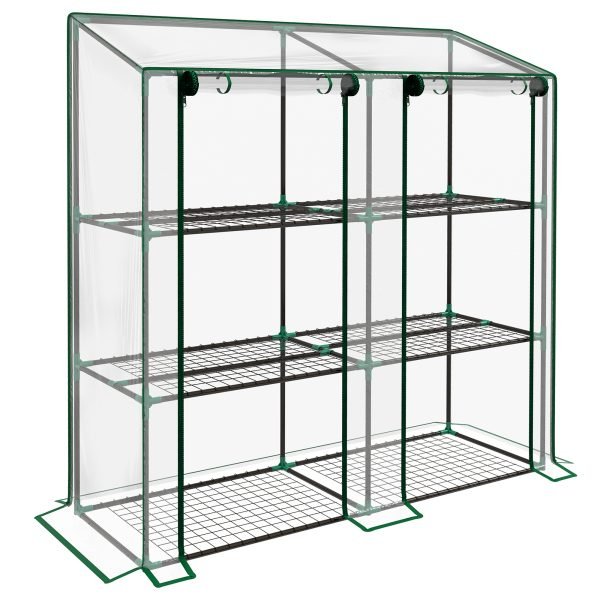 Estufa de Terraço com Prateleiras Teto Inclinado e 2 Portas com Fecho de Correr 143x46x141/151cm