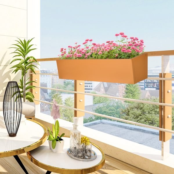 Floreira Suspensa de Aço Floreira Retangular Suspensa com 2 Ganchos Ajustáveis e 2 Orifícios de Drenagem 91x35x24 cm Castanho - Image 1