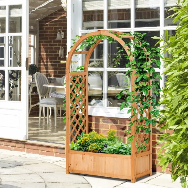 Floreira com Treliça em Forma de Arco Caixa de Plantio com Suporte para Plantas Trepadeiras Flores para Varanda Jardim 83x36x153cm
