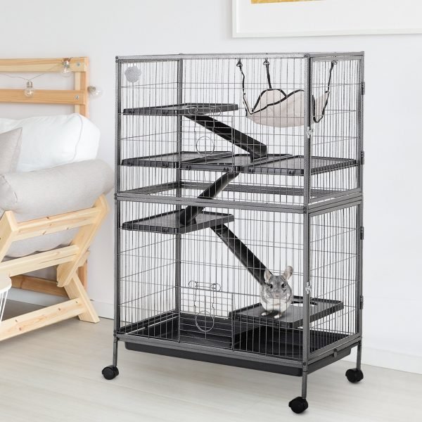 Gaiola grande para Roedores 80x52x128 cm Casa de 4 Alturas com Rampas Suspensa Rede Bandeja Removível Rodas Portas Cinza Prateado