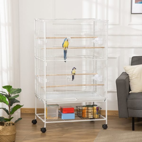 Gaiola para Pássaros com Rodas com 4 Portas 4 Comedouros 4 Poleiros e Prateleira de Armazenamento