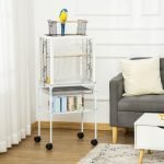 Gaiola para Passáros com Suporte Desmontável  com 4 Rodas, Teto com Abertura, 2 Comedouros, 2 Poleiros e Bandeja Removível 47x35x106,5cm Branco