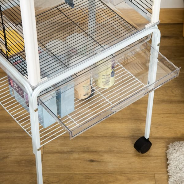 Gaiola para Passáros com Suporte Desmontável  com 4 Rodas, Teto com Abertura, 2 Comedouros, 2 Poleiros e Bandeja Removível 47x35x106,5cm Branco - Imagem 7