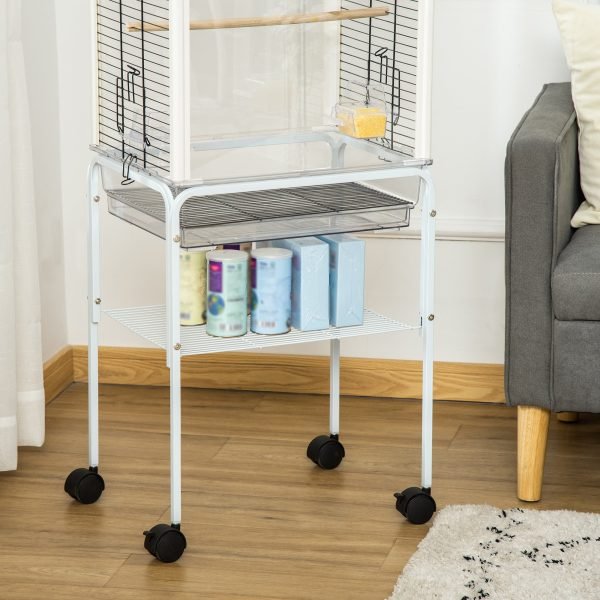 Gaiola para Passáros com Suporte Desmontável  com 4 Rodas, Teto com Abertura, 2 Comedouros, 2 Poleiros e Bandeja Removível 47x35x106,5cm Branco - Imagem 8