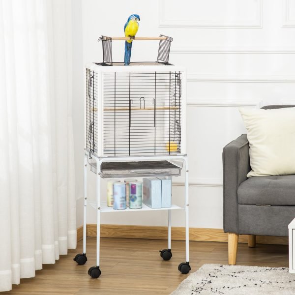 Gaiola para Passáros com Suporte Desmontável Gaiola com 4 Rodas Teto com Abertura 2 Comedouros 2 Poleiros e Bandeja para Periquitos Canários 47x35x106