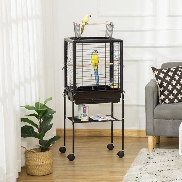 Gaiola para Passáros com Suporte Desmontável Gaiola com 4 Rodas Teto com Abertura 2 Comedouros 2 Poleiros e Bandeja para Periquitos Canários 47x35x106