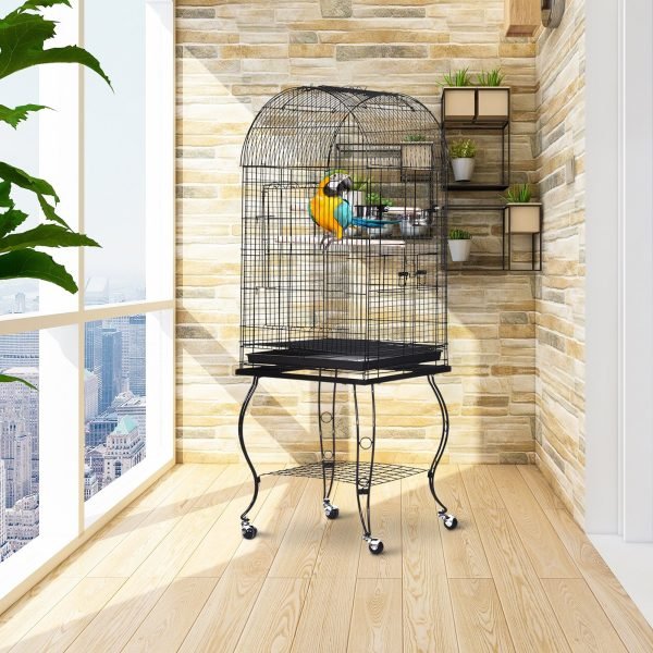 Gaiola para Pássaros com Suporte e Rodas Gaiola Grande de Metal com Bandeja Removível e 2 Tigelas para Papagaios Piriquito 53x53x153cm Preto