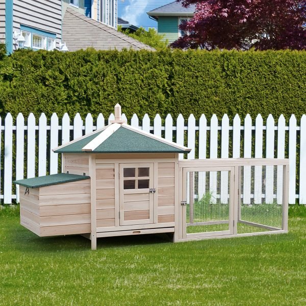 Galinheiro de Madeira de Abeto para Galinhas Exterior com Caixa Ninho Bandeja Removível e Espaço para Correr 196x76x97 cm Natural