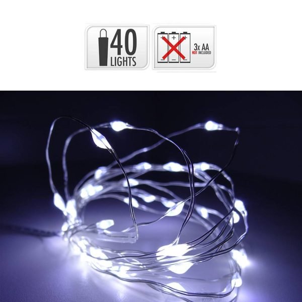 Grinalda Branco Frio 40 Leds A Pilhas Com Cabo Arame Pratead