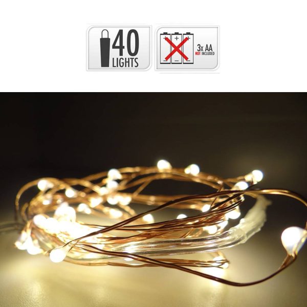 Grinalda Branco Quente 40 Leds A Pilhas Com Cabo Arame Cobre