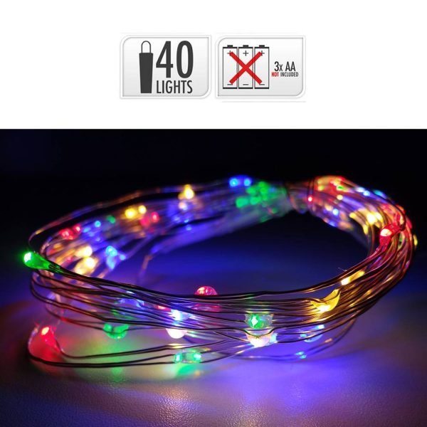 Grinalda Multicor 40 Leds A Pilhas Com Cabo Arame Prateado I