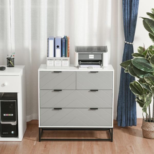 HOMCOM Cômoda tipo aparador com 4 gavetas base elevada e desenho anti derrapante 80x40x79 cm Branco Cinzento e Preto